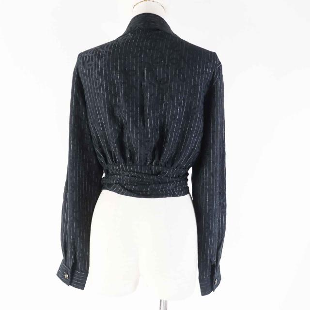 美品◎CHANEL シャネル 23P P74411 シルク ココマーク総柄・ストライプ柄 カシュクール 長袖シャツ ブラック シルバー 40 仏製 レディース_3