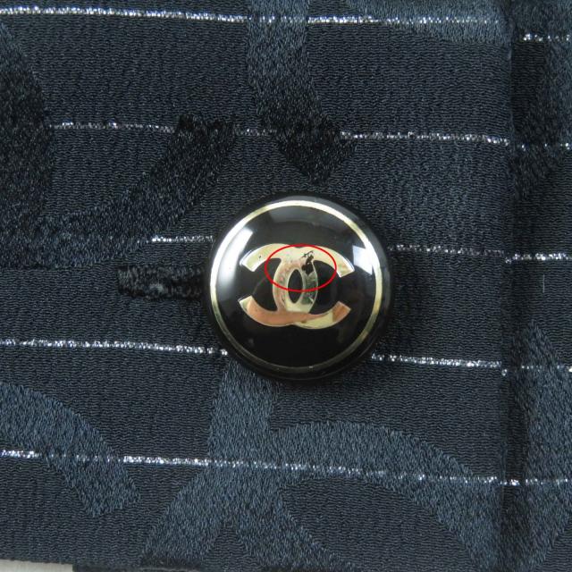 美品◎CHANEL シャネル 23P P74411 シルク ココマーク総柄・ストライプ柄 カシュクール 長袖シャツ ブラック シルバー 40 仏製 レディース_5
