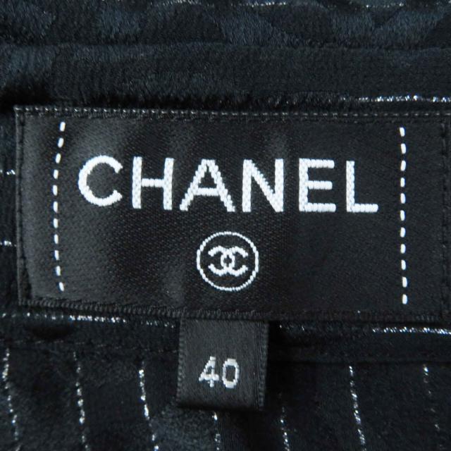 美品◎CHANEL シャネル 23P P74411 シルク ココマーク総柄・ストライプ柄 カシュクール 長袖シャツ ブラック シルバー 40 仏製 レディース_7