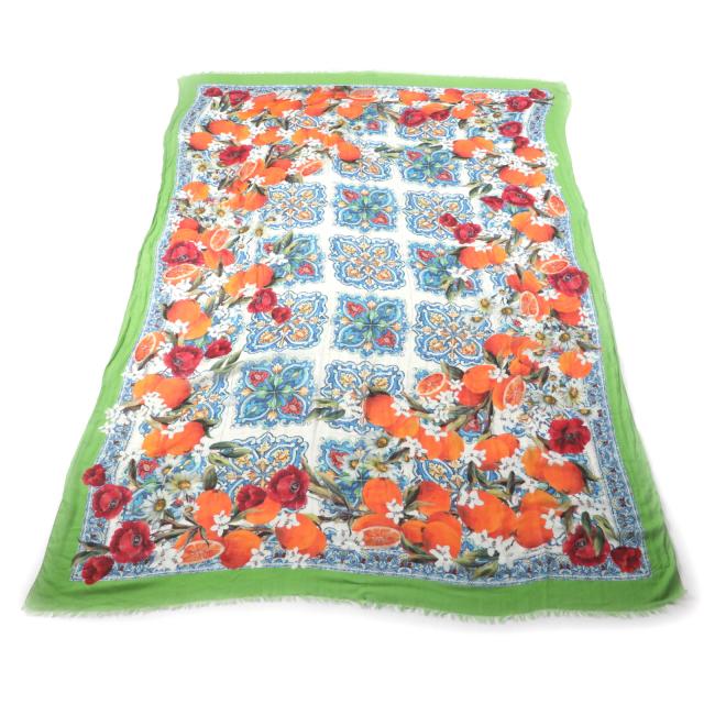 極美品★DOLCE&GABBANA ドルチェ＆ガッバーナ カシミヤ混 フリンジ付 ロゴ入り フラワー フルーツデザイン 大判 ショール ストール 伊製