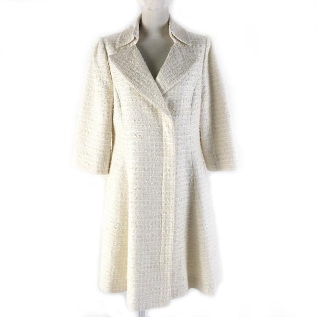 極美品△FOXEY フォクシー 40544 Dress Miss Edinburgh 七分袖 ダブルジップ リボンツイード コート アイボリー 42 正規品 レディース