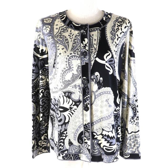 美品△LEONARD FASHION レオナール ファッション ウール シルク 総柄デザイン ロゴボタン 長袖 カーディガン 黒 白 グレー系 L 正規品の通販は
