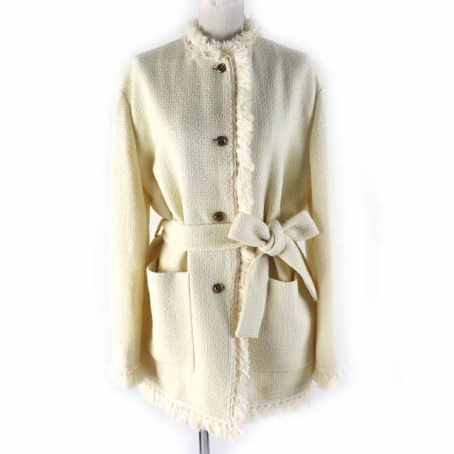 極美品△GUCCI グッチ 643296 ウール100％ GGロゴ金ボタン ベルト付き フリンジトリム ノーカラー ツイード ジャケット コート 42 正規品の通販はノーカラージャケット・コート