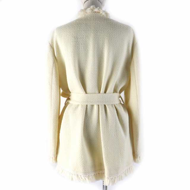 極美品△GUCCI グッチ 643296 ウール100％ GGロゴ金ボタン ベルト付き フリンジトリム ノーカラー ツイード ジャケット コート 42 正規品の通販は