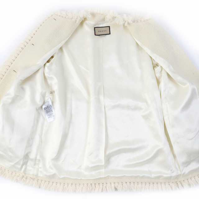極美品△GUCCI グッチ 643296 ウール100％ GGロゴ金ボタン ベルト付き フリンジトリム ノーカラー ツイード ジャケット コート 42 正規品の通販は