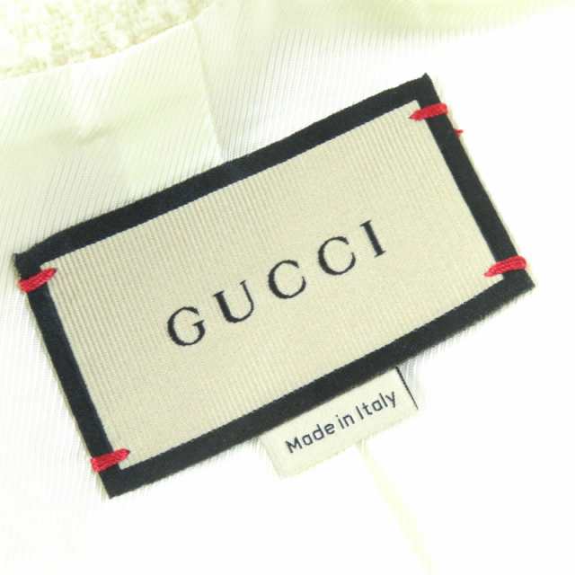 極美品△GUCCI グッチ 643296 ウール100％ GGロゴ金ボタン ベルト付き フリンジトリム ノーカラー ツイード ジャケット コート 42 正規品の通販は