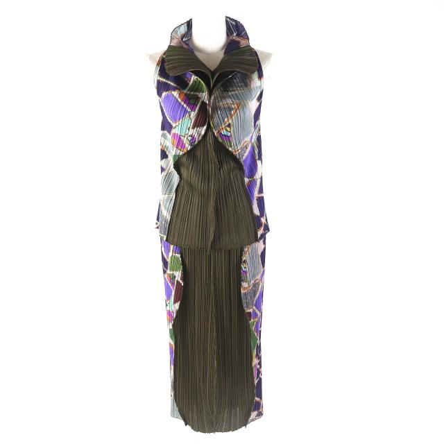 極美△PLEATS PLEASE プリーツプリーズ イッセイミヤケ 2003年 ガラパゴス諸島 宝石柄 変形 トップス スカート セットアップ 3/2 正規品