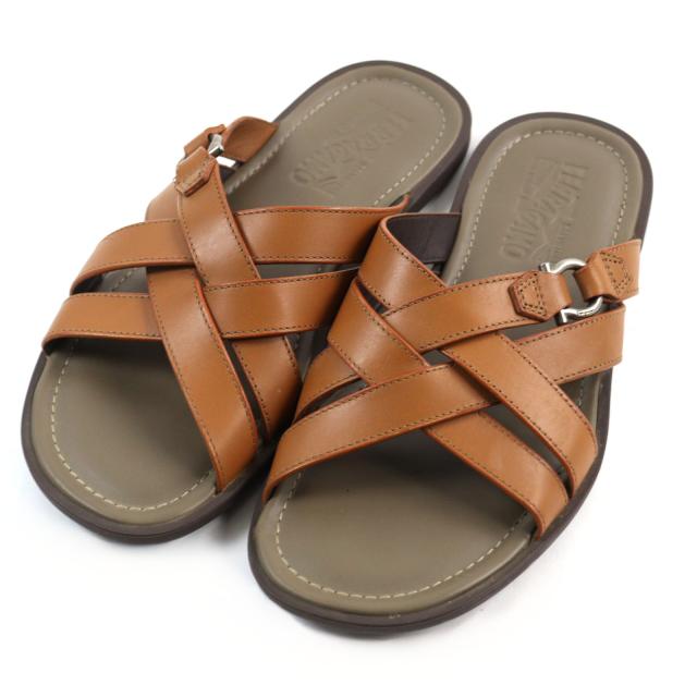 極美品○Salvatore Ferragamo サルヴァトーレフェラガモ ガンチーニ金具 ロゴ入り ベルテッド レザー サンダル ブラウン 7 イタリア製の通販は