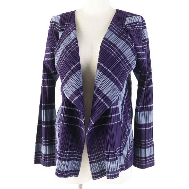 極美品◎PLEATS PLEASE プリーツプリーズ イッセイミヤケ PP93-JO677 ボーダー柄 フロントオープン カーディガン パープル ライトブルー 4