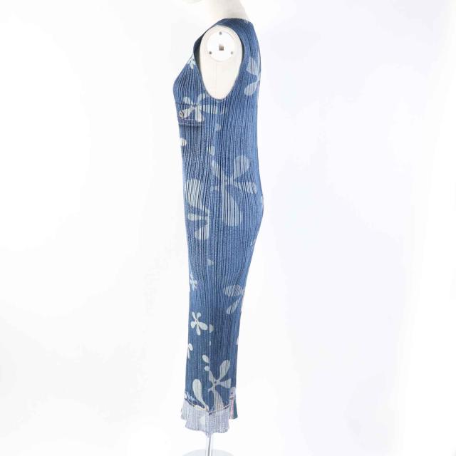 極美品◎PLEATS PLEASE プリーツプリーズ イッセイミヤケ PP02-JH751 デニム転写 花柄 ノースリーブワンピース インディゴブルー 0 正規品