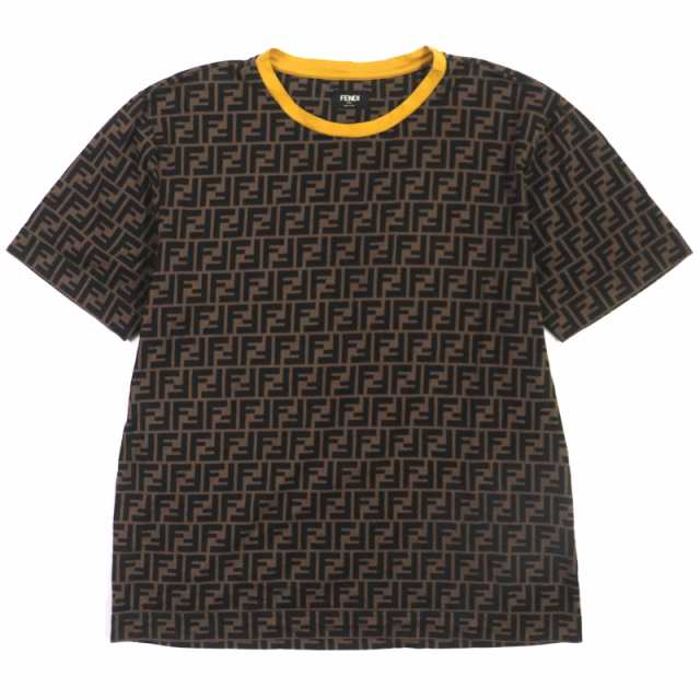 美品▼FENDI フェンディ 2021年製 FY0936 FFロゴ ズッカ柄 クルーネック ショートスリーブ 半袖Ｔシャツ ブラウン L 伊製 正規品 メンズ