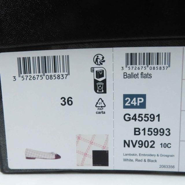 美品◎CHANEL シャネル 24P G45591 バレリーナ ココマーク リボン付 ラムスキン フラットシューズ／バレエシューズ 黒 白 赤 36 箱・袋付_9