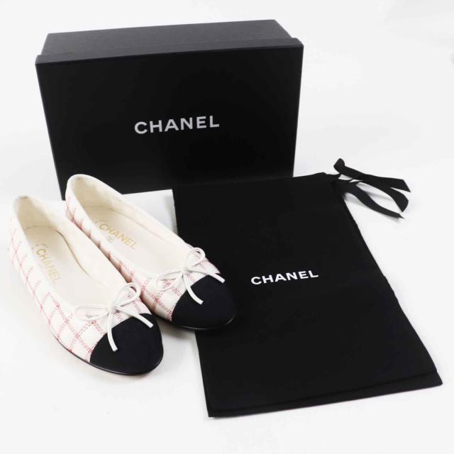 美品◎CHANEL シャネル 24P G45591 バレリーナ ココマーク リボン付 ラムスキン フラットシューズ／バレエシューズ 黒 白 赤 36 箱・袋付_1
