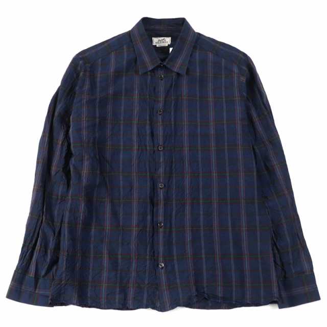 美品○HERMES エルメス シルク100% セリエボタン シワ加工 長袖シャツ ネイビー系 チェック柄 44/17 1/2 フランス製 メンズおすすめの通販は