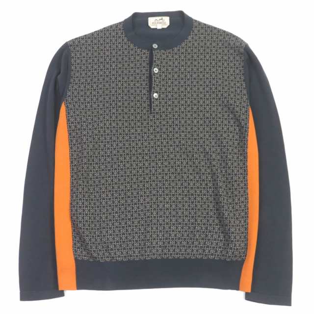 美品□HERMES エルメス コットン100％ Hロゴ総柄 ヘンリ—ネック ロングスリーブニット セーター チャコール S イタリア製 正規品 メンズの通販は