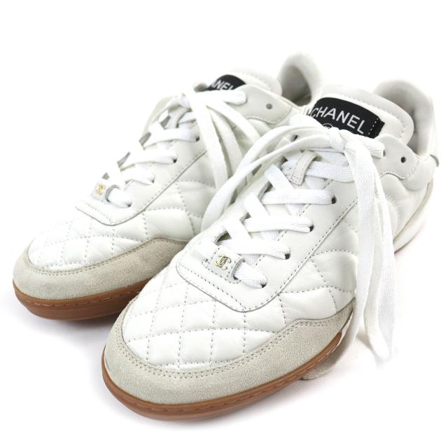 美品△CHANEL シャネル G45335 ココマーク マトラッセ スウェードレザー使い レザー スニーカー ホワイト グレー 40 伊製 ユニセックスの通販は