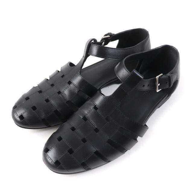 美品★HERMES エルメス 24SS H241101Z インディゴ モザイクモチーフ アンクルストラップ レザー サンダル ブラック 37 伊製 レディースの通販は 44,000円