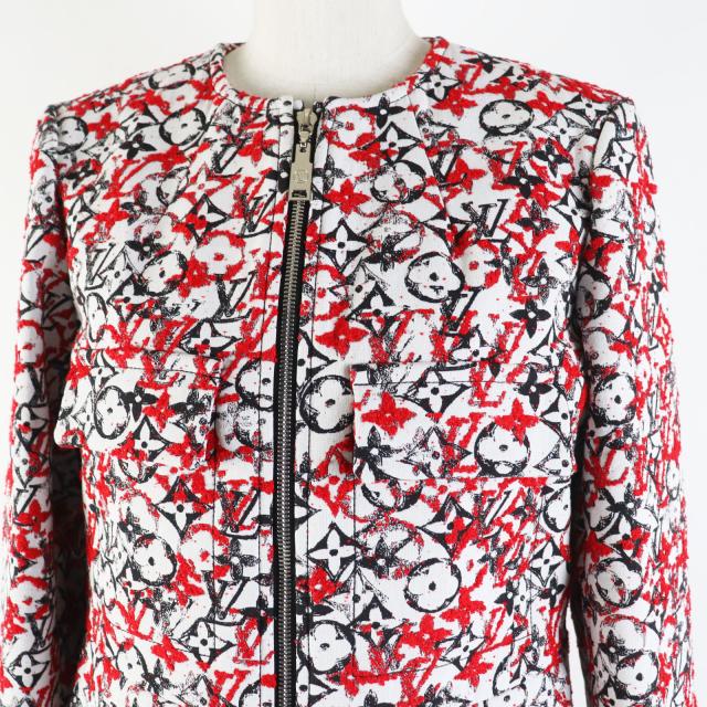 極美品◎LOUIS VUITTON ルイヴィトン 18SS モノグラムジャガード ノーカラー ジップアップ ロング コート レッド ホワイト ブラック 38_1