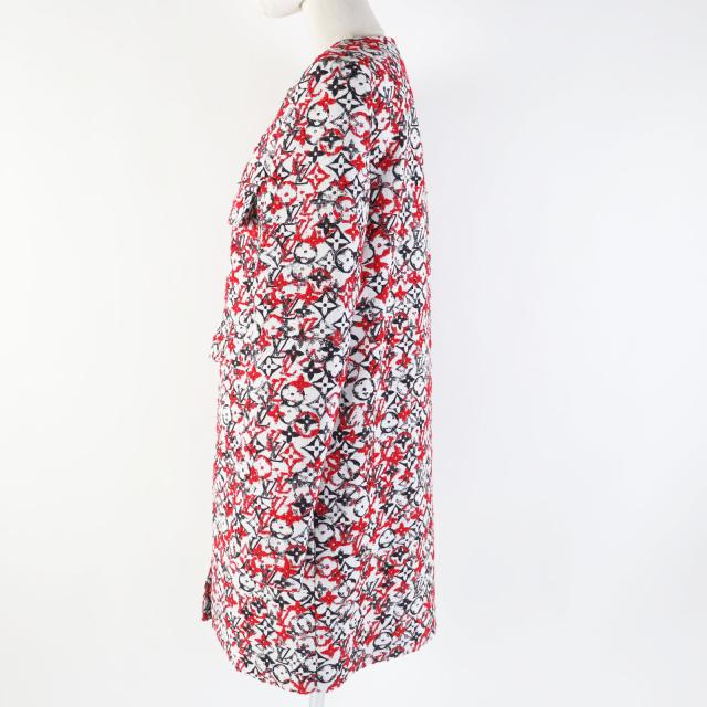 極美品◎LOUIS VUITTON ルイヴィトン 18SS モノグラムジャガード ノーカラー ジップアップ ロング コート レッド ホワイト ブラック 38_2