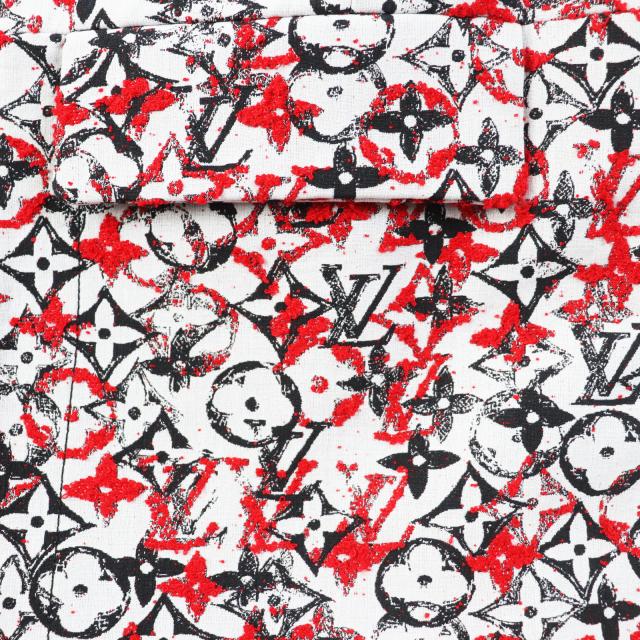 極美品◎LOUIS VUITTON ルイヴィトン 18SS モノグラムジャガード ノーカラー ジップアップ ロング コート レッド ホワイト ブラック 38_5