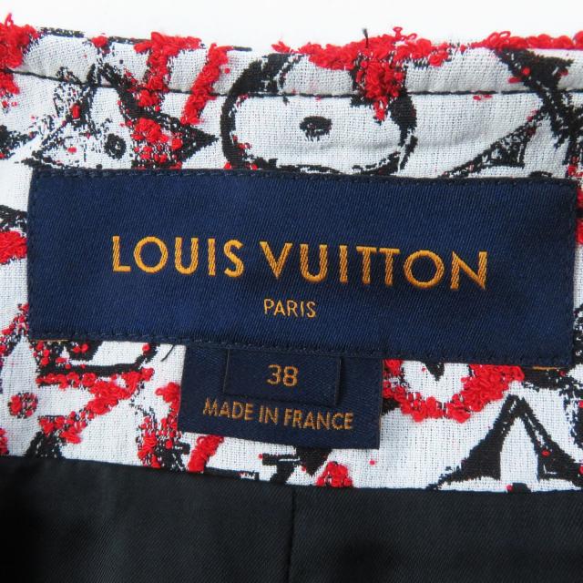 極美品◎LOUIS VUITTON ルイヴィトン 18SS モノグラムジャガード ノーカラー ジップアップ ロング コート レッド ホワイト ブラック 38_7