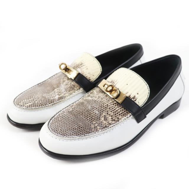 美品◎HERMES エルメス デスタン モカシン ゴールド金具 ケリーバックル レザー リザード ローファー ホワイト ベージュ 35 箱・保存袋付