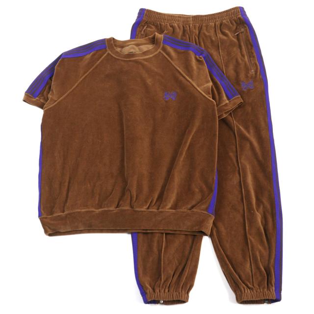 美品○Needles ニードルス KP433/KP435 ロゴエンブロイダリー ベロア カットソー/ジップトラックパンツ セットアップ S 正規品 メンズ