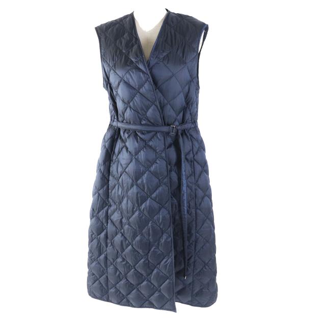 美品◎Max Mara The Cube  マックスマーラ ザキューブ 美ライン ポーチ付き キルティング ロング ダウンジレ／ダウンベスト ネイビー 38の通販は