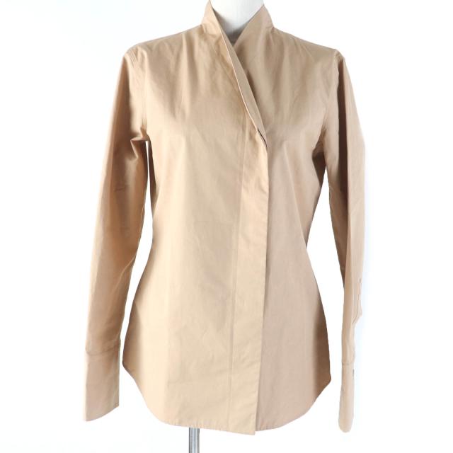 極美品☆FERRAGAMO フェラガモ コットン 比翼仕立て 長袖シャツ ブラウス ライトブラウン 38 ハンガー・ガーメント付き 伊製 レディース