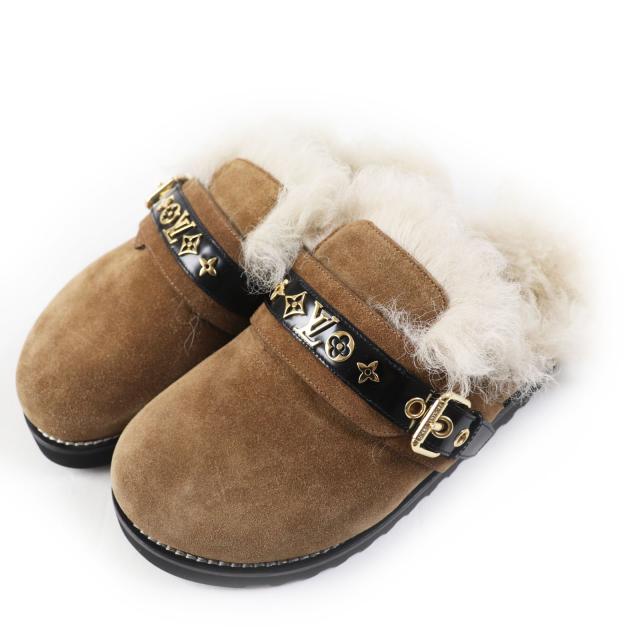 極美品◎LOUIS VUITTON ルイヴィトン ウィンターブレーキ・ライン スウェードレザー ファー ミュール／サンダル ブラウン ゴールド金具 37