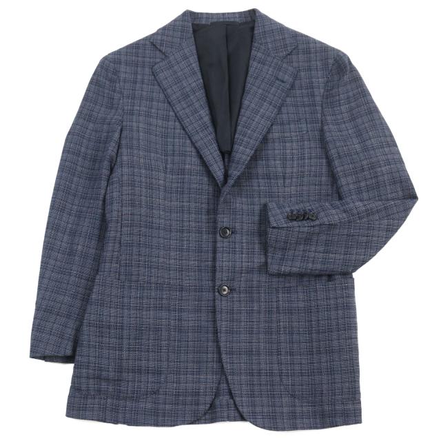 極美品○DEPETRILLO デ ペトリロ コットン ウール 本切羽 シングル テーラードジャケット ブルー チェック柄 44 伊製 正規品 メンズ