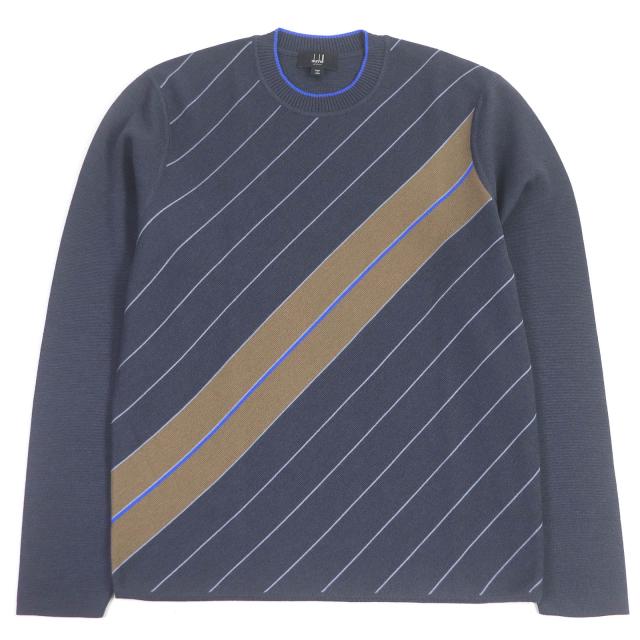 未使用品□Dunhill ダンヒル ウール シルク レジメンタルストライプ クルーネックニット セーター ネイビー M イタリア製 正規品 メンズ
