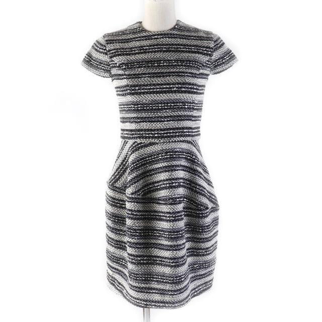 美品★YOKO CHAN ヨーコチャン 2020年製 YCD-420-640 クルーネック フレンチスリーブ ツイード ワンピース ホワイト ブラック 36 正規品