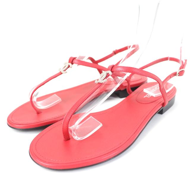 未使用品☆CHANEL シャネル ココマーク アンクルストラップ フラット レザー サンダル レッド シルバー金具 37 箱・袋付 伊製 レディースの通販は 44,000円