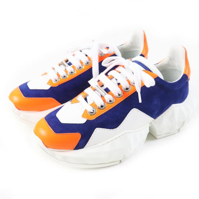 未使用品◎JIMMY CHOO ジミーチュウ DIAMOND カーフレザー ベロア スニーカー コバルト ネオンオレンジ 36 箱・保存袋付き 定価114000円