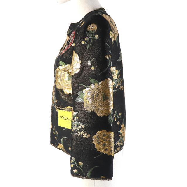 未使用品△DOLCE&amp;GABBANA ドルチェ＆ガッバーナ 黒タグ フラワージャガード ビーズ装飾 ノーカラージャケット 36 正規品 定価389000円_1
