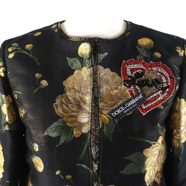未使用品△DOLCE&amp;GABBANA ドルチェ＆ガッバーナ 黒タグ フラワージャガード ビーズ装飾 ノーカラージャケット 36 正規品 定価389000円_4