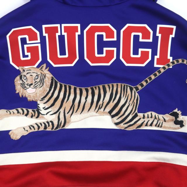 美品▼GUCCI グッチ 22SS 683516 TIGER 刺繍 ジップアップフーディー トラックジャケット ブルー ベージュ レッド XS 正規品 メンズ 美品▽GUCCI グッチ 22SS 683516 TIGER 刺繍 ジップアップフーディー