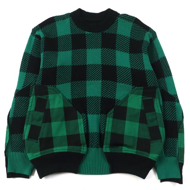 極美品○Sacai サカイ 22SS 22-02704M Buffalo Check Kint Pullover ポケット付き チェック ニット グリーン系 2 日本製 正規品 メンズの通販は 26,499円