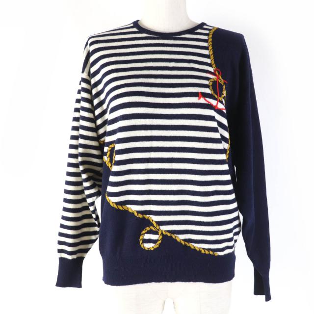 美品☆BALLANTYNE バランタイン ピュアカシミヤ100％ ボーダー柄 イカリマーク クルーネック 長袖 ニット ネイビー 40 レディース