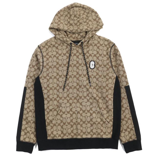 美品△COACH コーチ 89747 コットン100% Cロゴラバーワッペン シグネチャー柄 プルオーバー パーカー ブラウン ブラック M 正規品 メンズ
