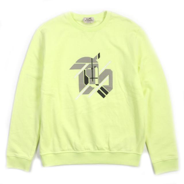 未使用▼HERMES エルメス 2023年製 31-5765 シュヴォー アン シン メトリー ラムレザーパッチ クルーネック スウェット ライム M 正規品