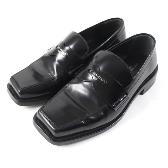 良品★LOUIS VUITTON ルイヴィトン コネリー・ライン 2022年製 ロゴ入り スクエアトゥ レザー ローファー ブラック 35.5 伊製