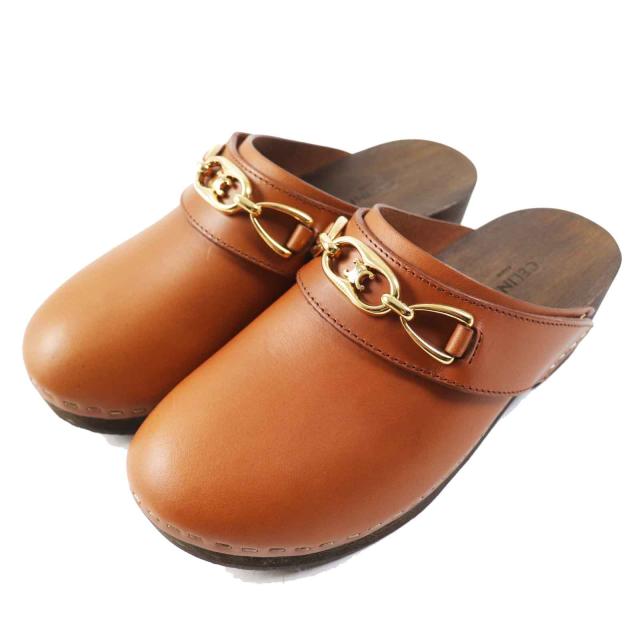 美品◎CELINE セリーヌ トリオンフ レザー ウッド サボ ミュール ブラウン ゴールド金具 34 箱付き イタリア製 レディース