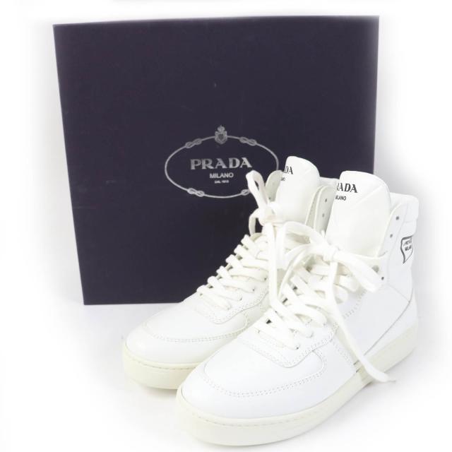 美品☆PRADA プラダ 1T638M トライアングルロゴ レザー ハイカットスニーカー ホワイト 37.5 箱付き イタリア製 レディース_1