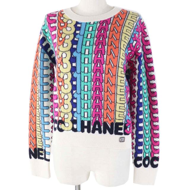 極美品◎CHANEL シャネル P71599 ロゴ総柄 カシミヤ100％ ストーン付きココマーク 長袖 ニットプルオーバー マルチ 34 UK製 レディースの通販は 198,000円