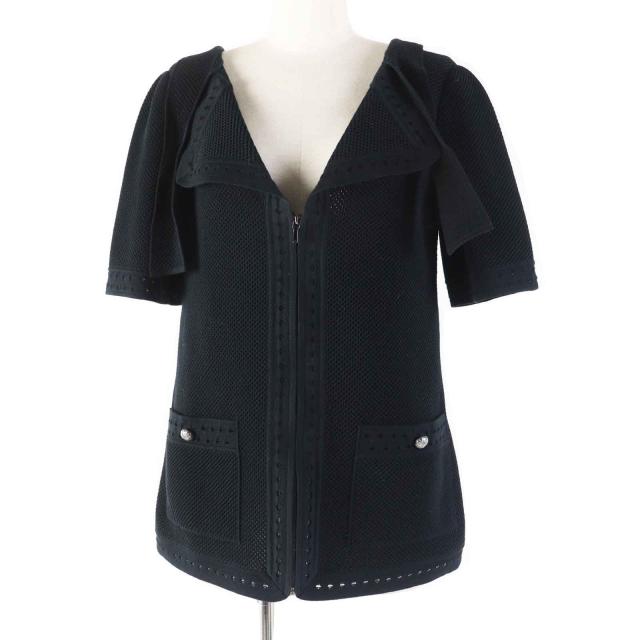 美品◎CHANEL シャネル P51234 コットン ココマークボタン付き 半袖 メッシュ ジャケット ブラック 38 イタリア製 正規品 レディースの通販は