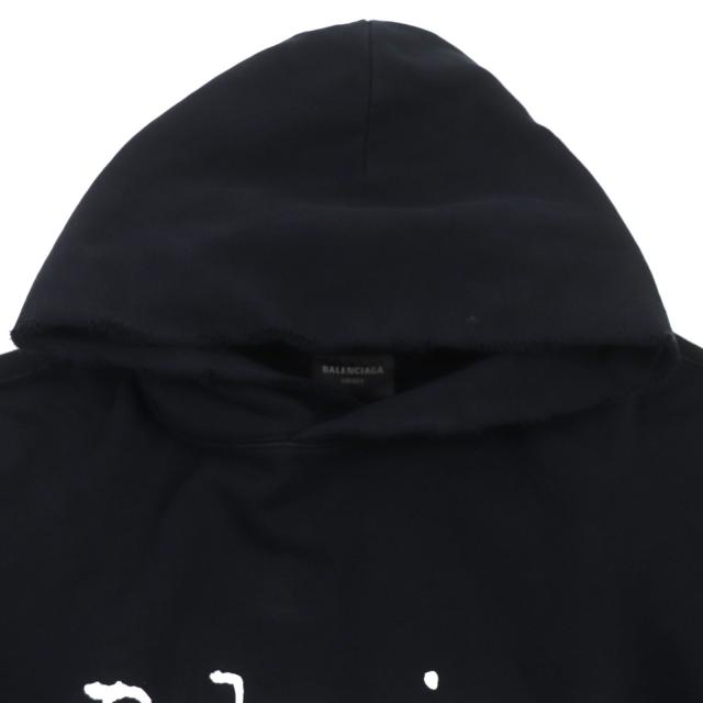 美品▼BALENCIAGA バレンシアガ 23AW 739024 ダメージ加工 ロゴプリント ラージフィット プルオーバー パーカー 1 正規品 メンズ