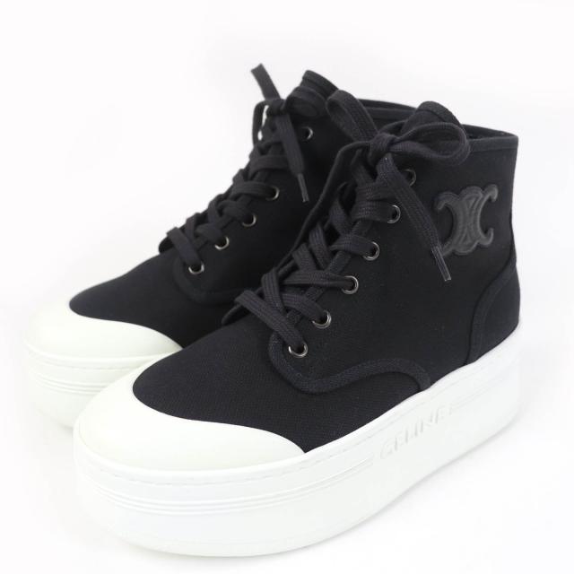 極美品☆CELINE セリーヌ トリオンフパッチ 厚底 ウェッジソール キャンバス スニーカー ブラック 38 箱・保存袋付き レディースの通販は 59,400円