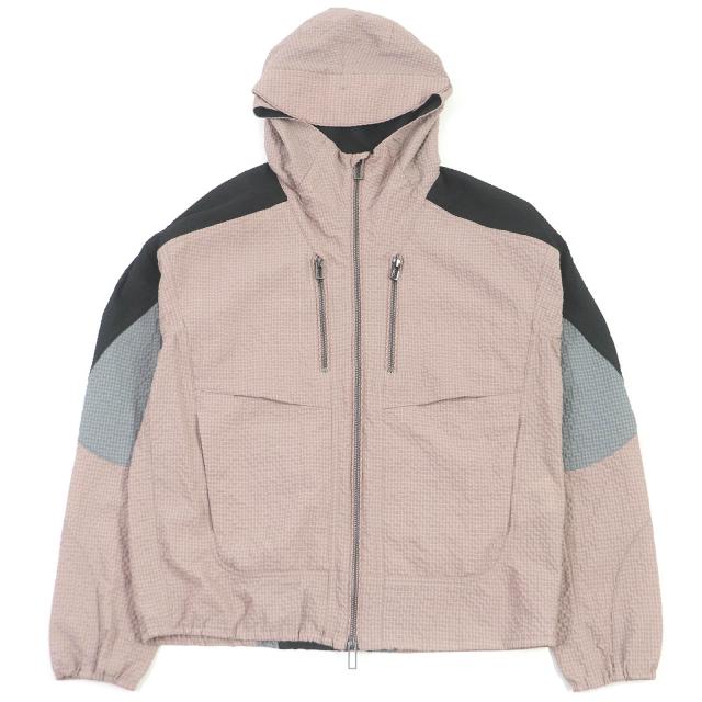 美品□EMPORIO ARMANI エンポリオ アルマーニ 黒タグ サッカー地 チェック柄 ジップパーカー フーディー ピンク系 44 正規品　メンズ